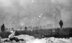British infantry advancing into a gas cloud during the Battle of Loos, 25 September 1915